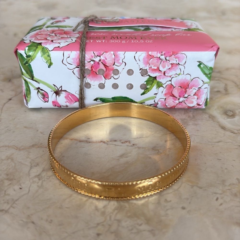 Mother Gift Set “Mother” Gold Tone Bangle & Castellbel Rose Scented Soap New